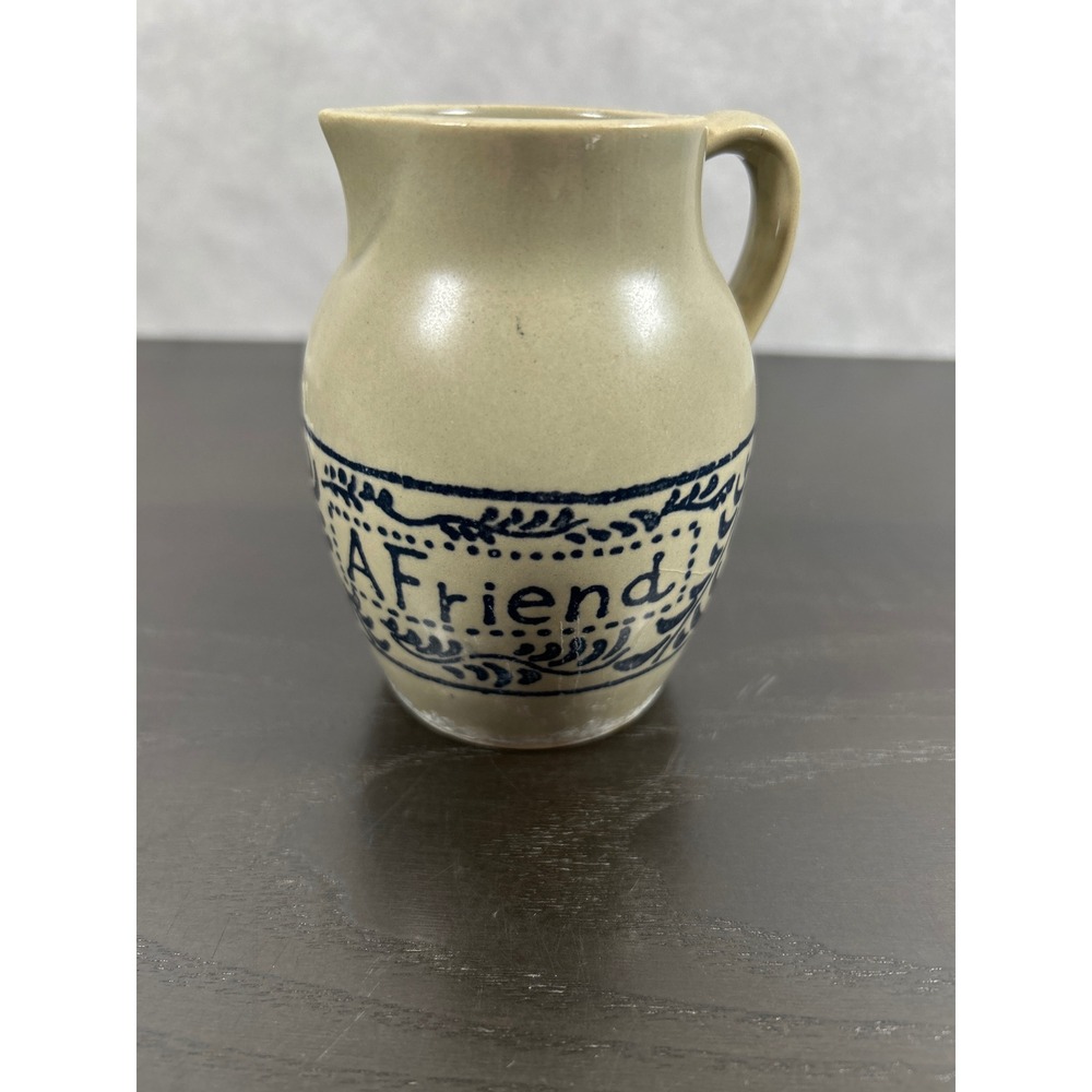 Vintage Salt Glazed Stoneware Pitcher 4" Friend Cobalt Blue Tan Pottery Creamer